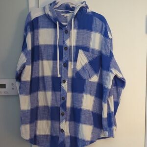 Maurices Blue and White Plaid Hooded Button down Shirt